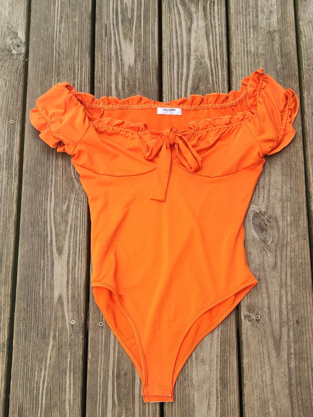 Zeagoo Orange Off-Shoulder Tie-Front Bodysuit - Picture 1 of 6